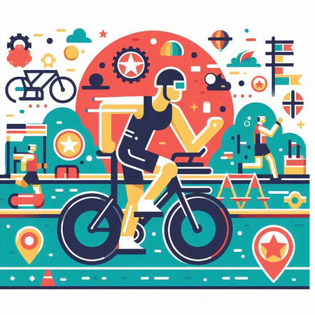 Cyclist riding bicycle on the road. Flat vector illustration.のイラスト素材