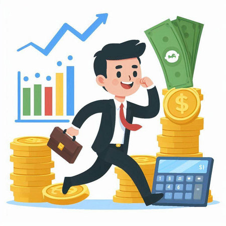 Businessman running on stack of coins. Vector illustration in cartoon styleのイラスト素材