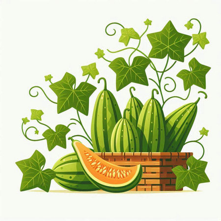 Melon in a basket on a white background. Vector illustration.のイラスト素材