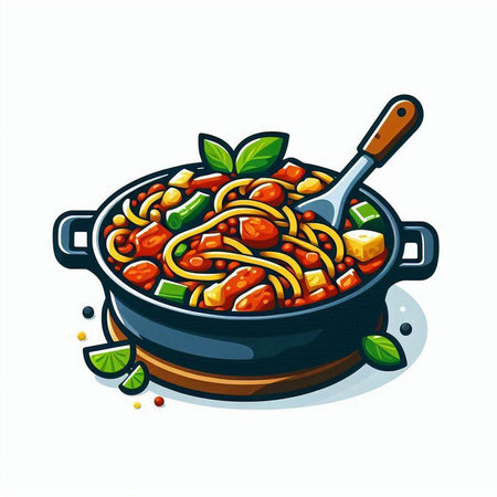 Spaghetti with meat and vegetables in a pan. Vector illustration.のイラスト素材
