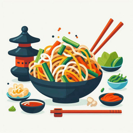 Noodles with vegetables and sauce in a bowl. Vector illustration.のイラスト素材