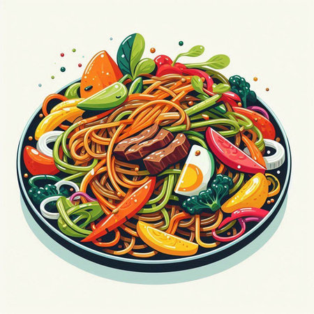 Noodles with vegetables and meat. Hand drawn vector illustration.のイラスト素材