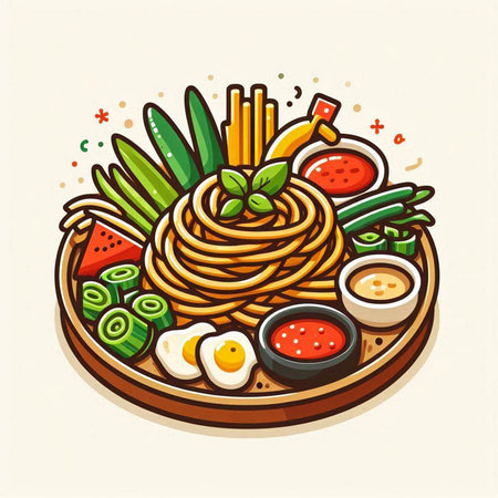Illustration of Japanese noodle with vegetables and eggs. Vector illustration.のイラスト素材