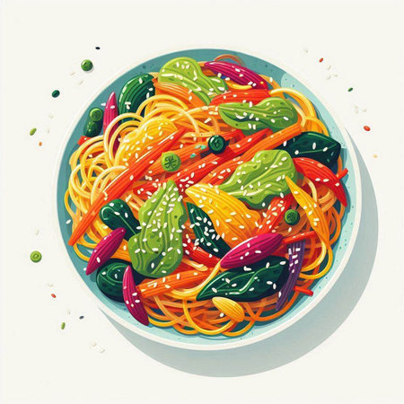 Spaghetti with vegetables and sesame seeds in a plate. Vector illustration.のイラスト素材