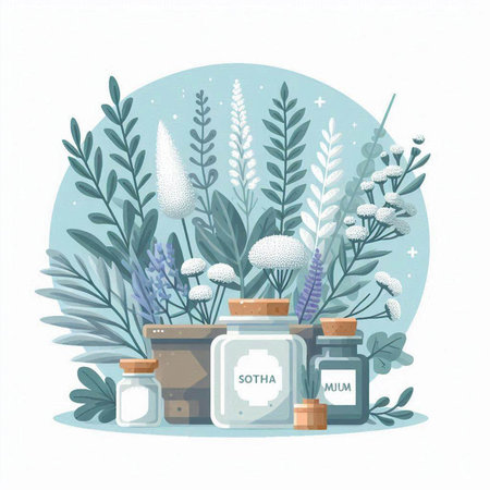 Vector illustration of herbal medicine in glass jars with herbs and plants.のイラスト素材