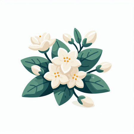 Jasmine flowers isolated on white background. Vector illustration in flat style.のイラスト素材