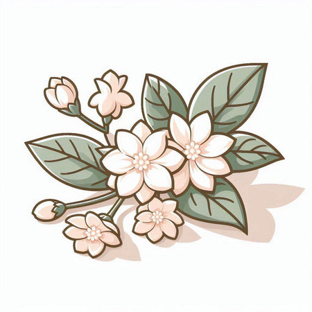 Illustration of jasmine flowers with leaves on a white backgroundのイラスト素材