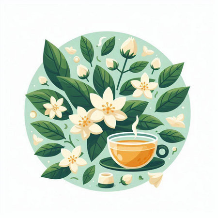Cup of tea with jasmine flowers and leaves. Vector illustration.のイラスト素材
