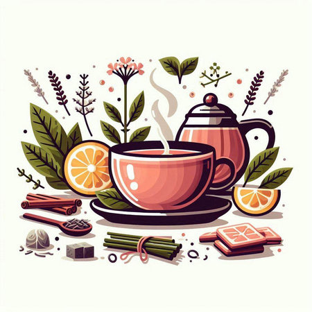 Cup of tea with herbs and spices. Vector illustration in flat styleのイラスト素材