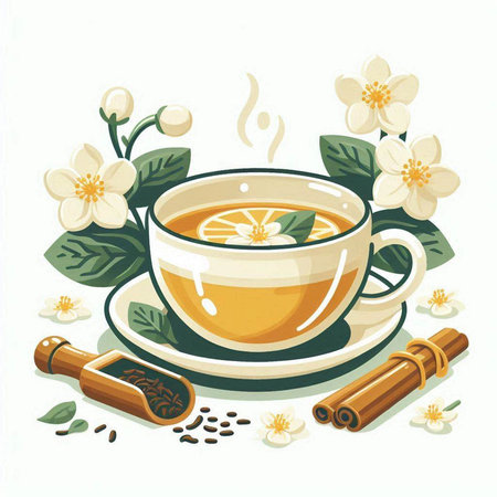 Cup of tea with jasmine flowers and cinnamon. Vector illustration.のイラスト素材