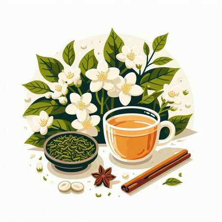 Cup of green tea with jasmine flowers and cinnamon. Vector illustration.のイラスト素材