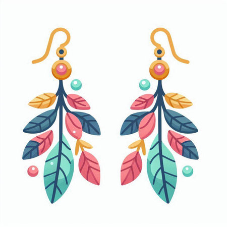 Hand drawn earrings with colorful leaves and beads. Vector illustration.のイラスト素材