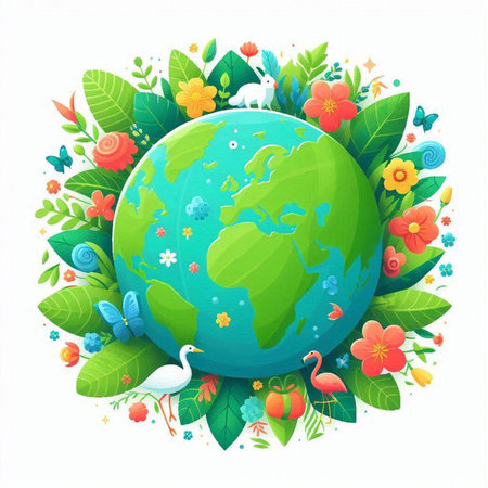 Illustration of the planet earth surrounded by flowers and birds on a white backgroundのイラスト素材