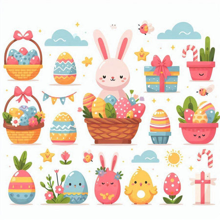 Easter set with cute bunny and eggs in basket. Vector illustrationのイラスト素材