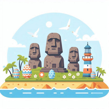 Easter Island with stones, lighthouse and eggs. Vector illustration.のイラスト素材