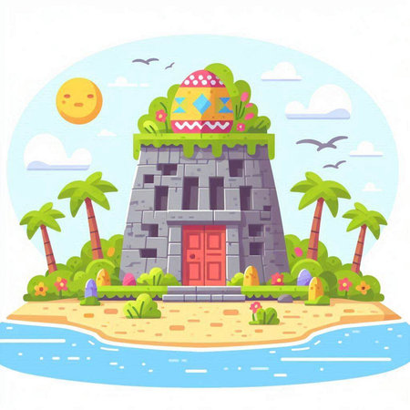 Tropical island with palm trees and a castle. Vector illustrationのイラスト素材