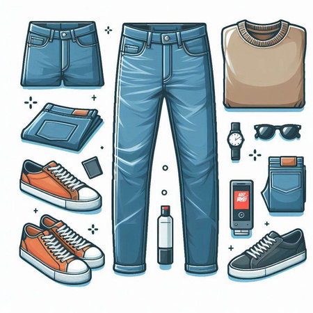 Vector set of male clothes and accessories. Sneakers, jeans, t-shirt, shorts, sneakers, sunglasses.のイラスト素材