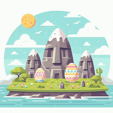 Easter egg hunt in the mountains. Vector illustration in flat styleのイラスト素材