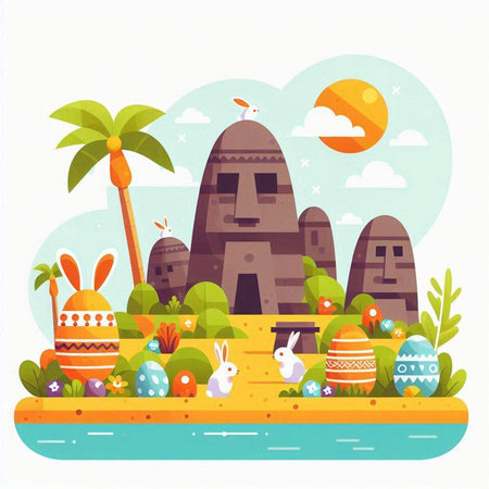 Vector illustration of cute cartoon prehistoric landscape with eggs, bunny, palm tree.のイラスト素材