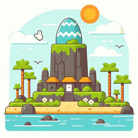 Vector illustration of the island with the castle, palm trees and seaのイラスト素材