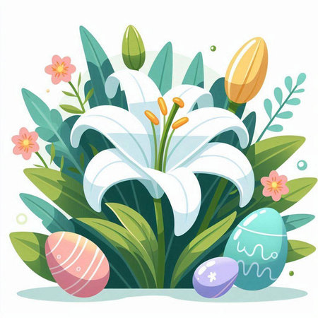 Easter background with flowers, eggs and lily. Vector illustration.のイラスト素材