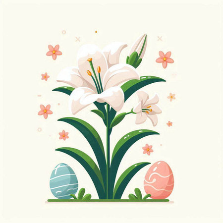 Easter greeting card with lily flower and eggs. Vector illustration.のイラスト素材