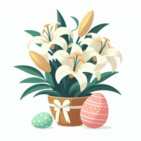 Bouquet of white lilies and Easter eggs. Vector illustration.のイラスト素材