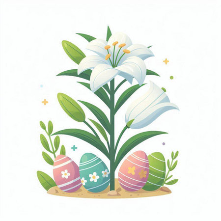 Easter greeting card with white lily and eggs. Vector illustration.のイラスト素材