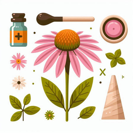 Flat design illustration of echinacea flowers and aromatherapy elements.のイラスト素材
