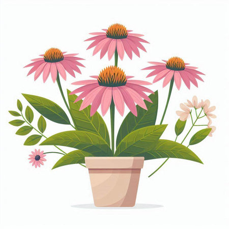 Echinacea flowers in flowerpot isolated on white background. Vector illustration.のイラスト素材