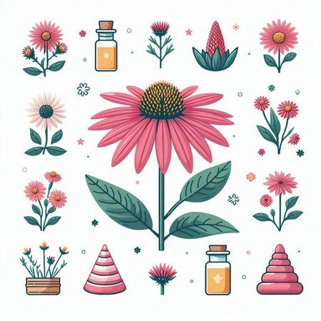 set of flowers and plants with essential oil vector illustration design vector illustration designのイラスト素材