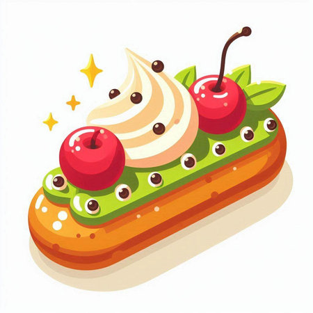 Cake with cream and cherry on a white background. Vector illustrationのイラスト素材