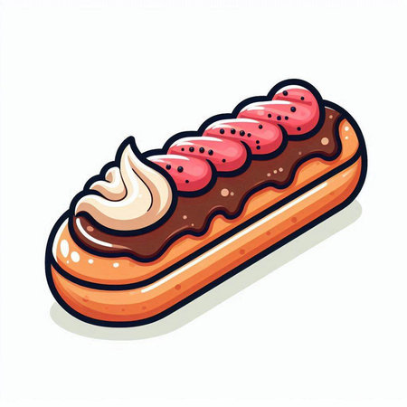 Chocolate eclair with strawberry and whipped cream. Vector illustration.のイラスト素材