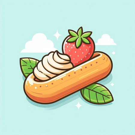 Vector illustration of a hot dog with whipped cream, strawberry and mint leaves.のイラスト素材