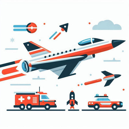 Vector illustration of a flat design of airplane, ambulance, fire truck and rocket.のイラスト素材