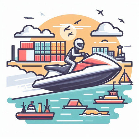 Vector illustration of jet ski on the background of the sea and the city.のイラスト素材