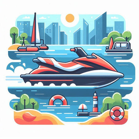 Vector illustration of a speedboat on the background of the city.のイラスト素材