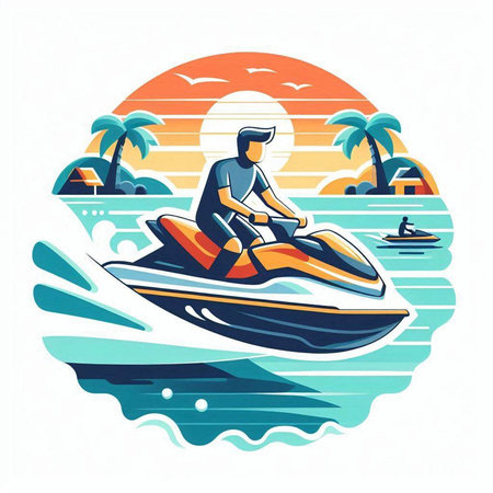 Man riding jet ski on the background of the sunset. Vector illustrationのイラスト素材