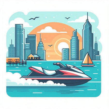 Water scooter on the background of skyscrapers. Vector illustrationのイラスト素材