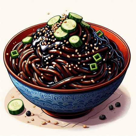 Soba noodles with sesame and cucumber in bowl. Vector illustration.のイラスト素材
