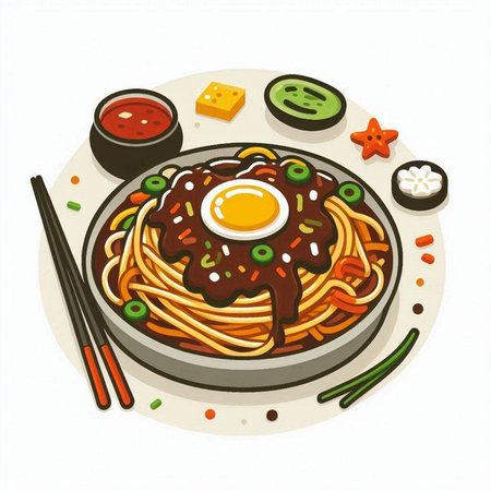 Illustration of a bowl of noodle with chopsticks and an eggのイラスト素材