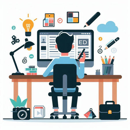 Vector illustration of a young man sitting at the desk in front of the computer and working on his project.のイラスト素材