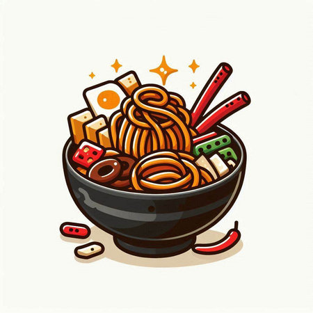 Noodles in bowl with chopsticks. Hand drawn vector illustration.のイラスト素材