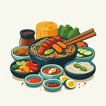Japanese cuisine vector illustration. Noodles with vegetables and meat.のイラスト素材