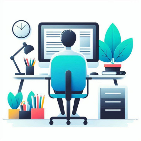 Vector illustration of a man sitting at his desk in front of the computerのイラスト素材