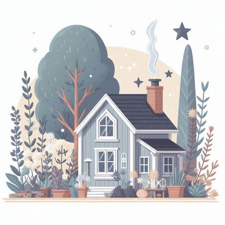 Vector illustration of a cozy house with a chimney in the garden.のイラスト素材