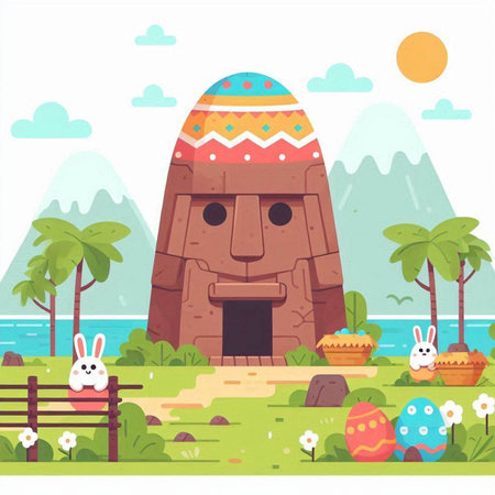 Vector cartoon illustration of a cute house on the beach with a rabbitのイラスト素材