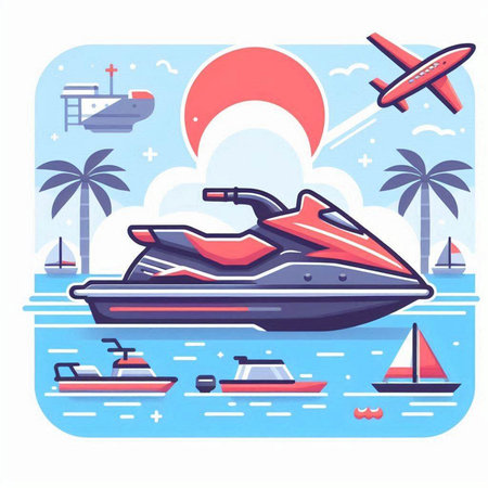 Jet ski on the sea. Vector illustration in a flat style.のイラスト素材