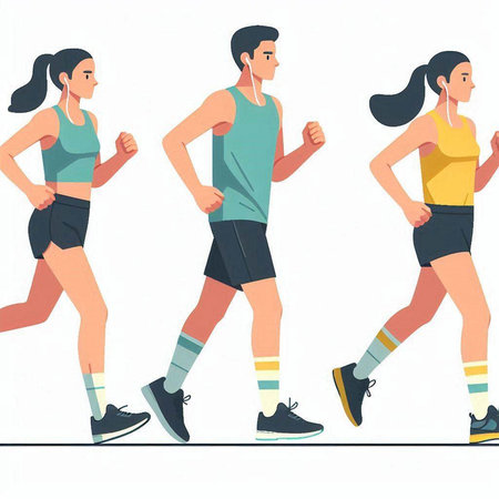 Set of running women in sportswear. Vector illustration in flat styleのイラスト素材