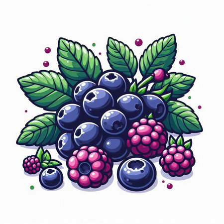 Ripe blueberries and blackberries with leaves. Vector illustration.のイラスト素材